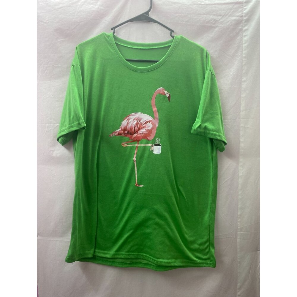 Women's Plus Size Pink Flamingo with Coffee Green Short Sleeve T-Shirt